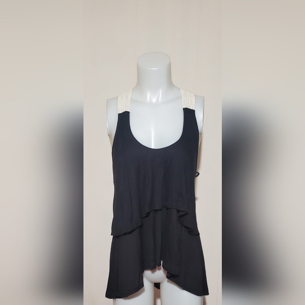 Crochet Beaded High Low Black Sleeveless Tank Top